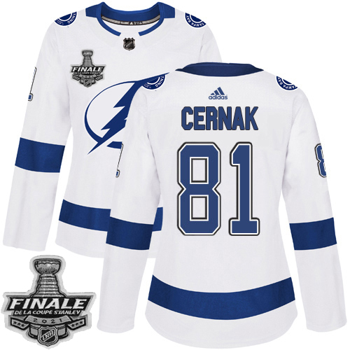 Personalized Lightning #81 Erik Cernak White Road Authentic Women’s 2021 NHL Stanley Cup Final Patch Jersey