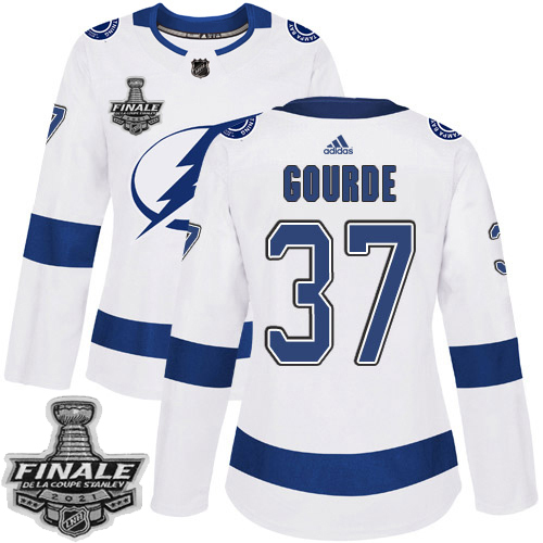 Personalized Lightning #37 Yanni Gourde White Road Authentic Women’s 2021 NHL Stanley Cup Final Patch Jersey