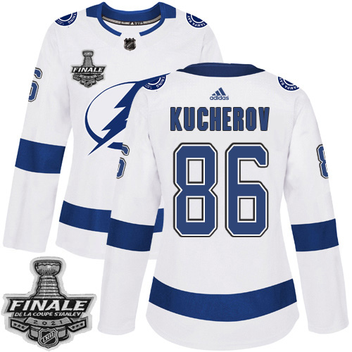 Personalized Lightning #86 Nikita Kucherov White Road Authentic Women’s 2021 NHL Stanley Cup Final Patch Jersey