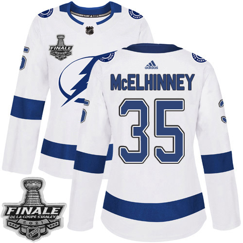 Personalized Lightning #35 Curtis McElhinney White Road Authentic Women’s 2021 NHL Stanley Cup Final Patch Jersey