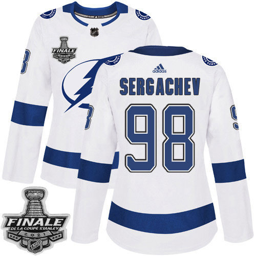 Personalized Lightning #98 Mikhail Sergachev White Road Authentic Women’s 2021 NHL Stanley Cup Final Patch Jersey