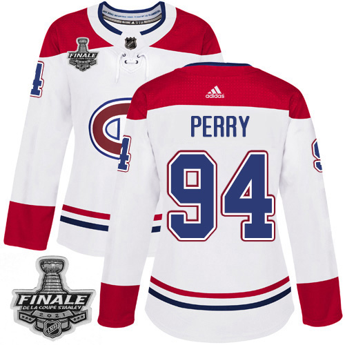 Personalized Canadiens #94 Corey Perry White Road Authentic Women’s 2021 NHL Stanley Cup Final Patch Jersey