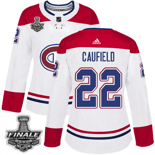 Personalized Canadiens #22 Cole Caufield White Road Authentic Women’s 2021 NHL Stanley Cup Final Patch Jersey