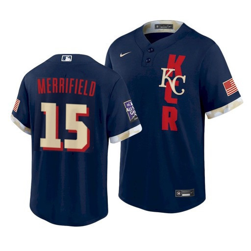 Personalized Men’s Kansas City Royals #15 Whit Merrifield 2021 Navy All-Star Cool Base Stitched MLB Jersey