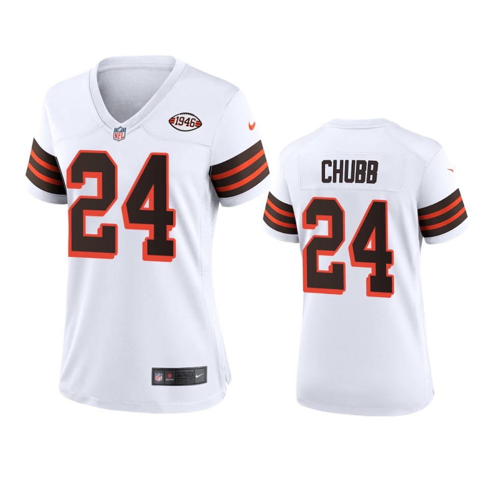 Personalized Women Browns #24 Nick Chubb 1946 Collection Alternate Game Limited NFL Jersey – White