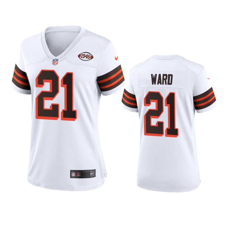 Personalized Women Browns #21 Denzel Ward 1946 Collection Alternate Game Limited NFL Jersey – White