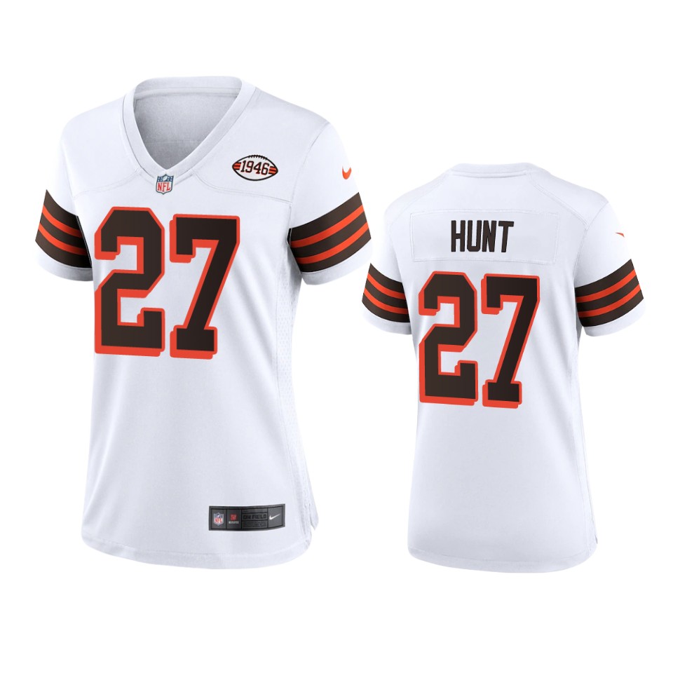 Personalized Women Browns #27 Kareem Hunt 1946 Collection Alternate Game Limited NFL Jersey – White