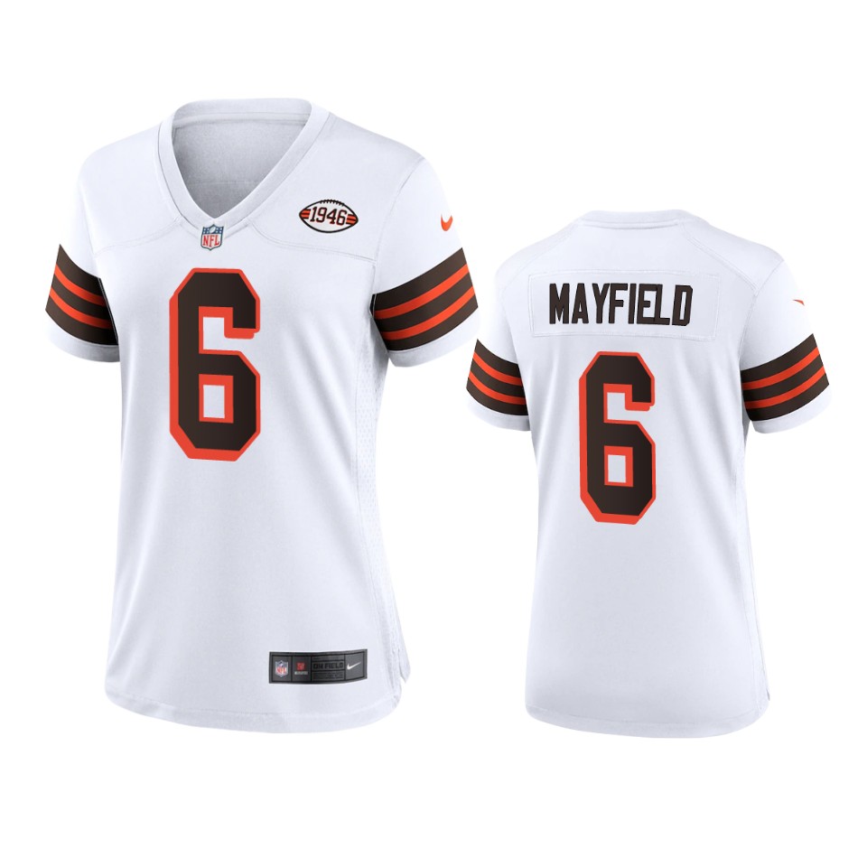 Personalized Women Browns #6 Baker Mayfield 1946 Collection Alternate Game Limited NFL Jersey – White