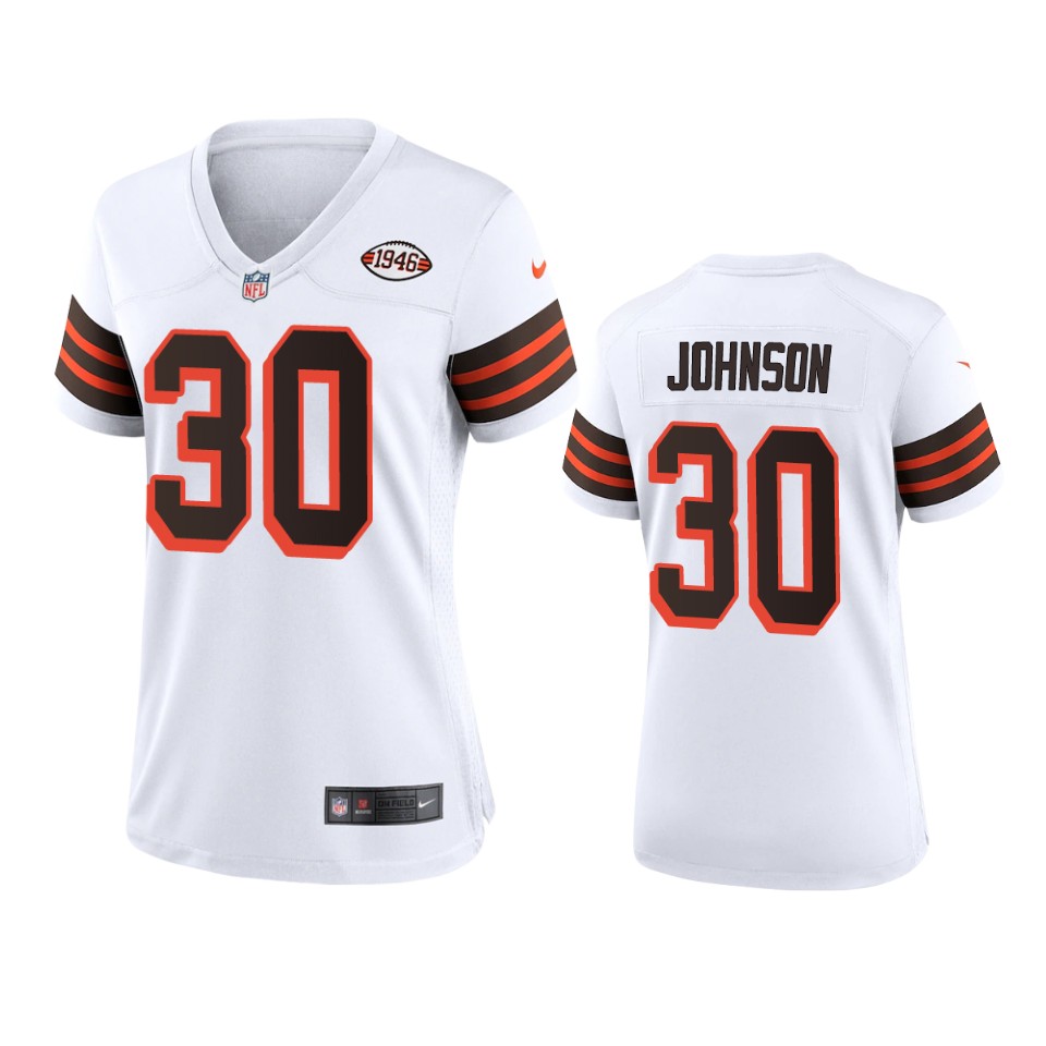 Personalized Women Browns #30 D’Ernest Johnson 1946 Collection Alternate Game Limited NFL Jersey – White