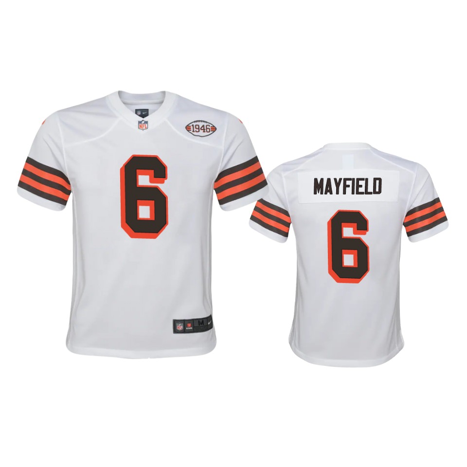 Personalized Youth Browns #6 Baker Mayfield 1946 Collection Alternate Game Limited NFL Jersey – White