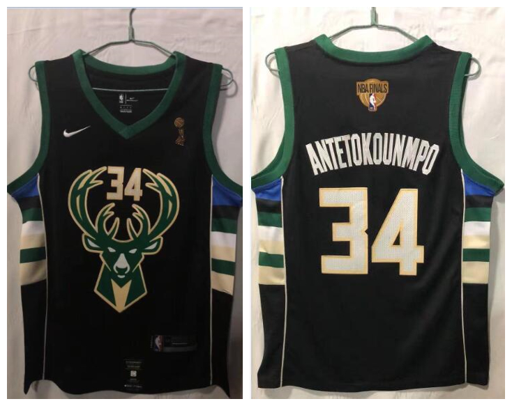 Personalized Bucks 34 Giannis Antetokounmpo Black 2021 NBA Finals Champions Swingman Jersey