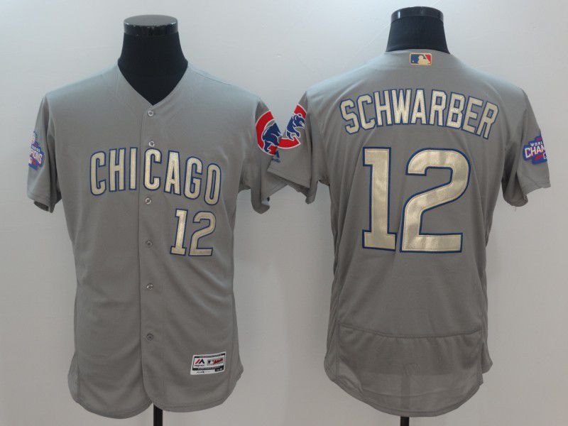 Personalized Men Chicago Cubs 12 Schwarber Grey Champion gold character Elite 2021 MLB Jerseys