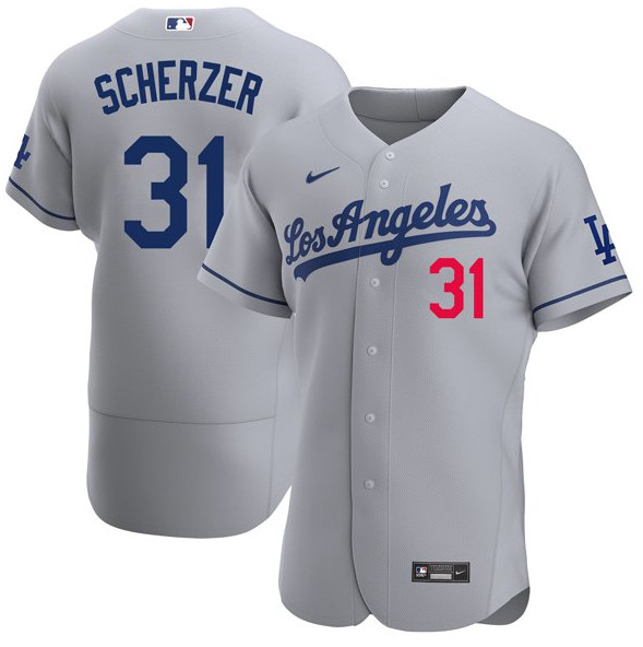 Personalized Men’s Los Angeles Dodgers #31 Max Scherzer Gray Road Flex Base Jersey