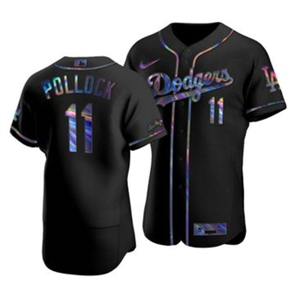 Personalized Los Angeles Dodgers #11 A.J. Pollock Men’s Iridescent Holographic Collection MLB Jersey – Black