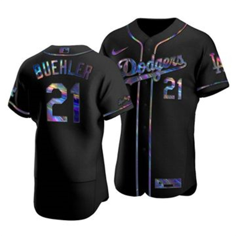 Personalized Los Angeles Dodgers #21 Walker Buehler Men’s Iridescent Holographic Collection MLB Jersey – Black