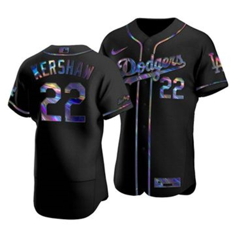 Personalized Los Angeles Dodgers #22 Clayton Kershaw Men’s Iridescent Holographic Collection MLB Jersey – Black