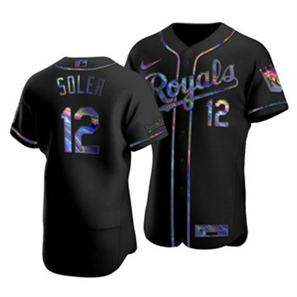 Personalized Kansas City Royals #12 Jorge Soler Men’s Iridescent Holographic Collection MLB Jersey – Black