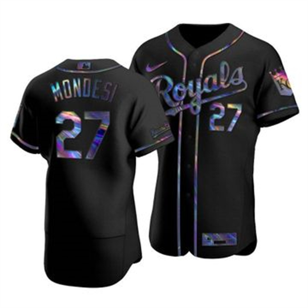 Personalized Kansas City Royals #27 Adalberto Mondesi Men’s Iridescent Holographic Collection MLB Jersey – Black