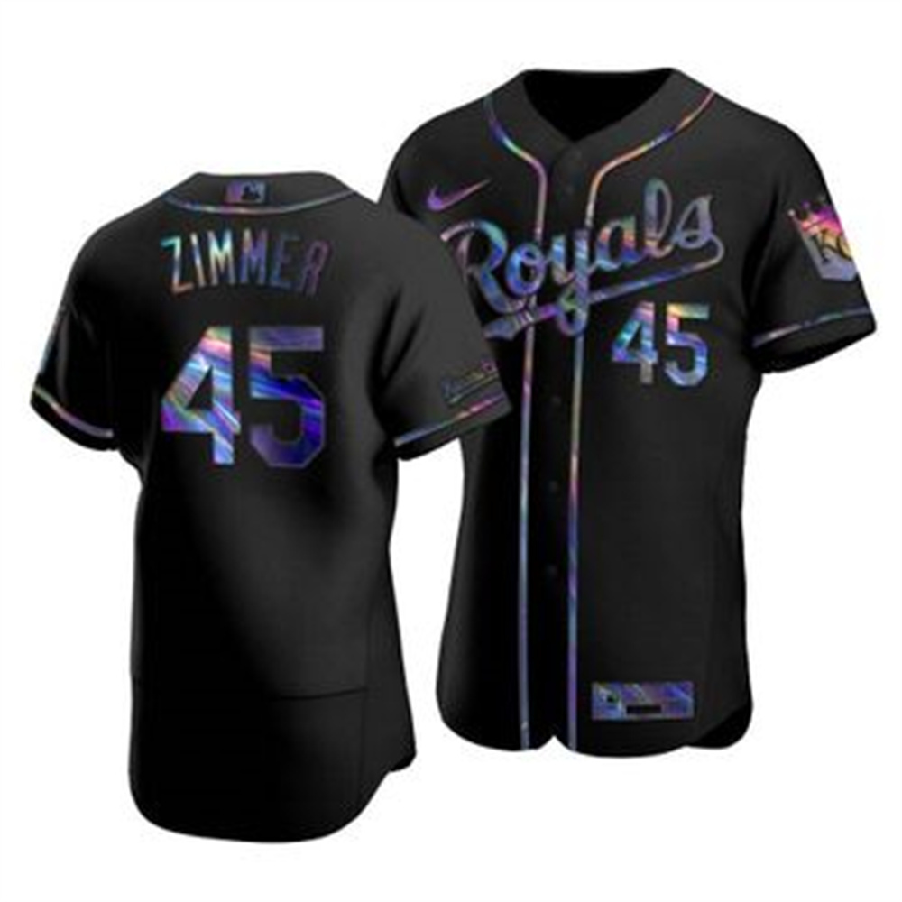 Personalized Kansas City Royals #45 Kyle Zimmer Men’s Iridescent Holographic Collection MLB Jersey – Black