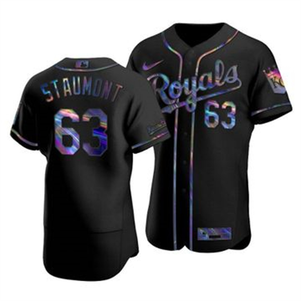 Personalized Kansas City Royals #63 Josh Staumont Men’s Iridescent Holographic Collection MLB Jersey – Black