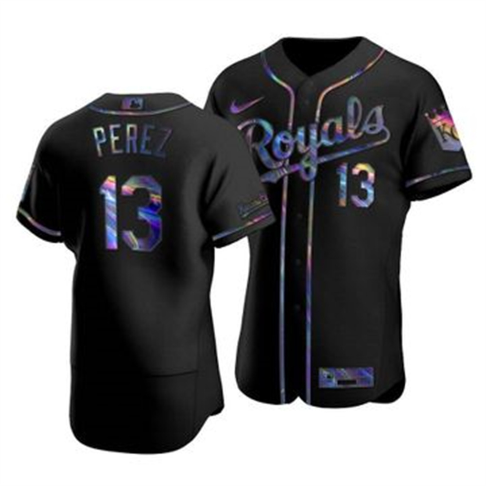 Personalized Kansas City Royals #13 Salvador Perez Men’s Iridescent Holographic Collection MLB Jersey – Black