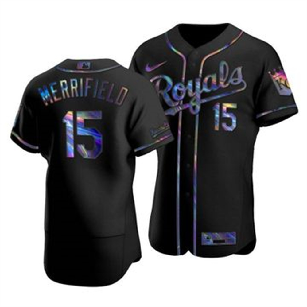 Personalized Kansas City Royals #15 Whit Merrifield Men’s Iridescent Holographic Collection MLB Jersey – Black