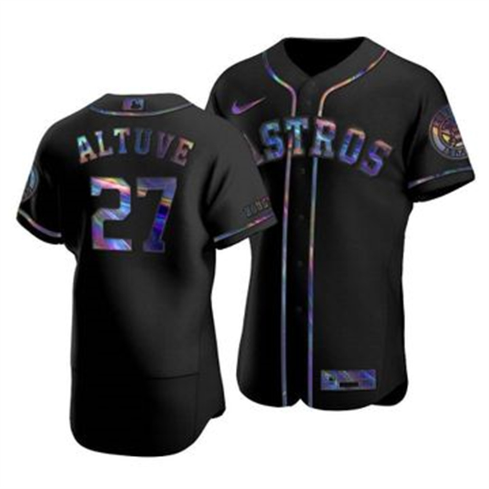 Personalized Houston Astros #27 Jose Altuve Men’s Iridescent Holographic Collection MLB Jersey – Black
