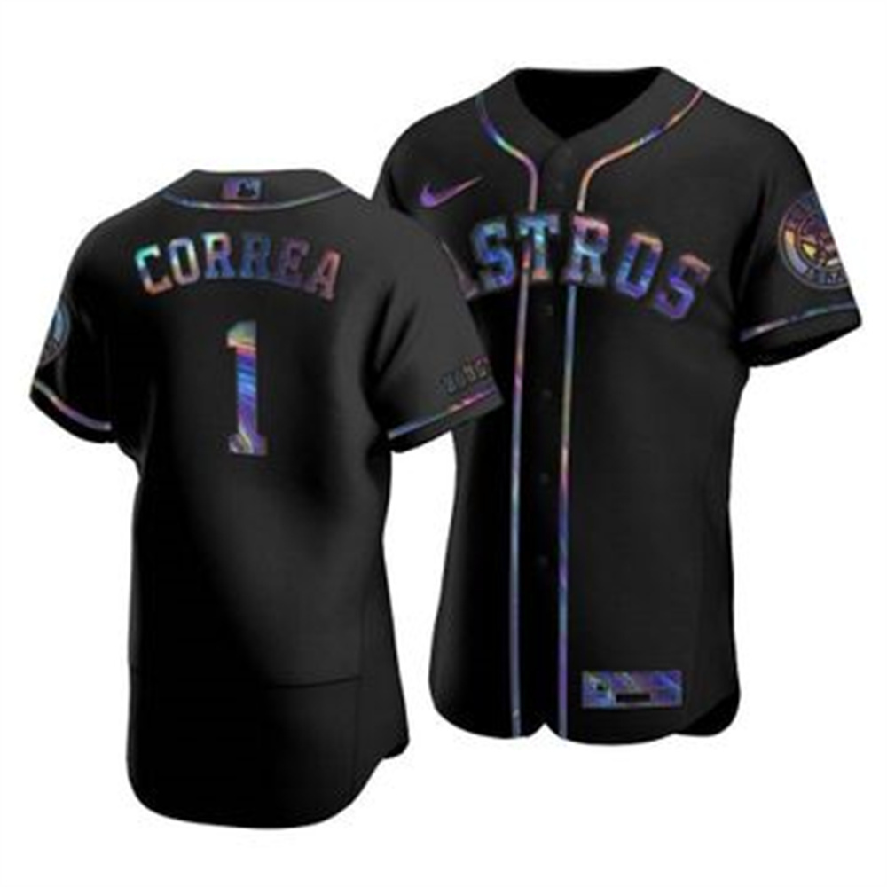 Personalized Houston Astros #1 Carlos Correa Men’s Iridescent Holographic Collection MLB Jersey – Black