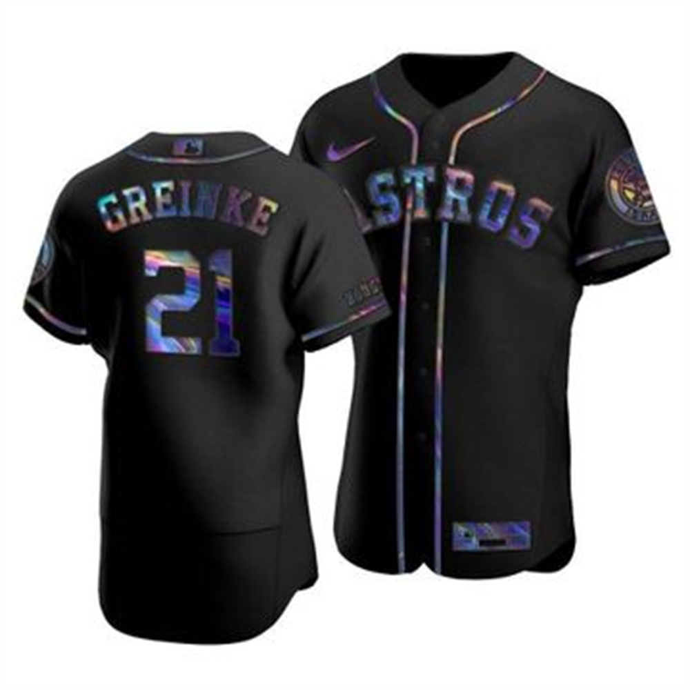 Personalized Houston Astros #21 Zack Greinke Men’s Iridescent Holographic Collection MLB Jersey – Black