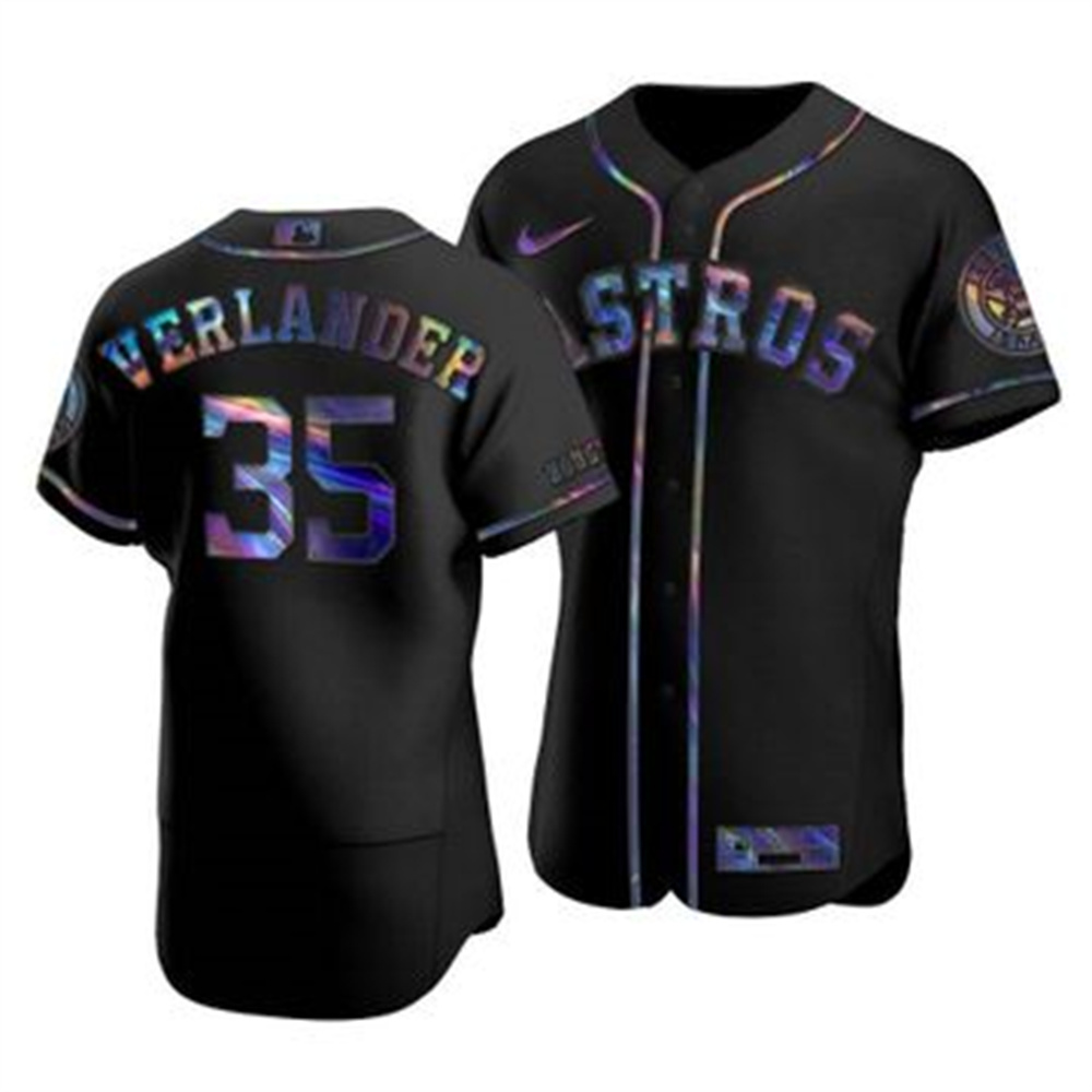 Personalized Houston Astros #35 Justin Verlander Men’s Iridescent Holographic Collection MLB Jersey – Black