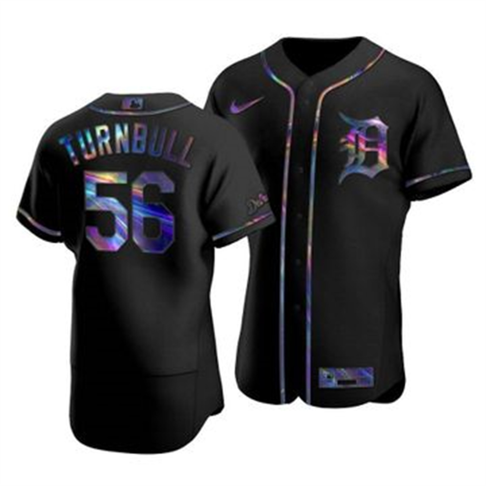 Personalized Detroit Tigers #56 Spencer Turnbull Men’s Iridescent Holographic Collection MLB Jersey – Black