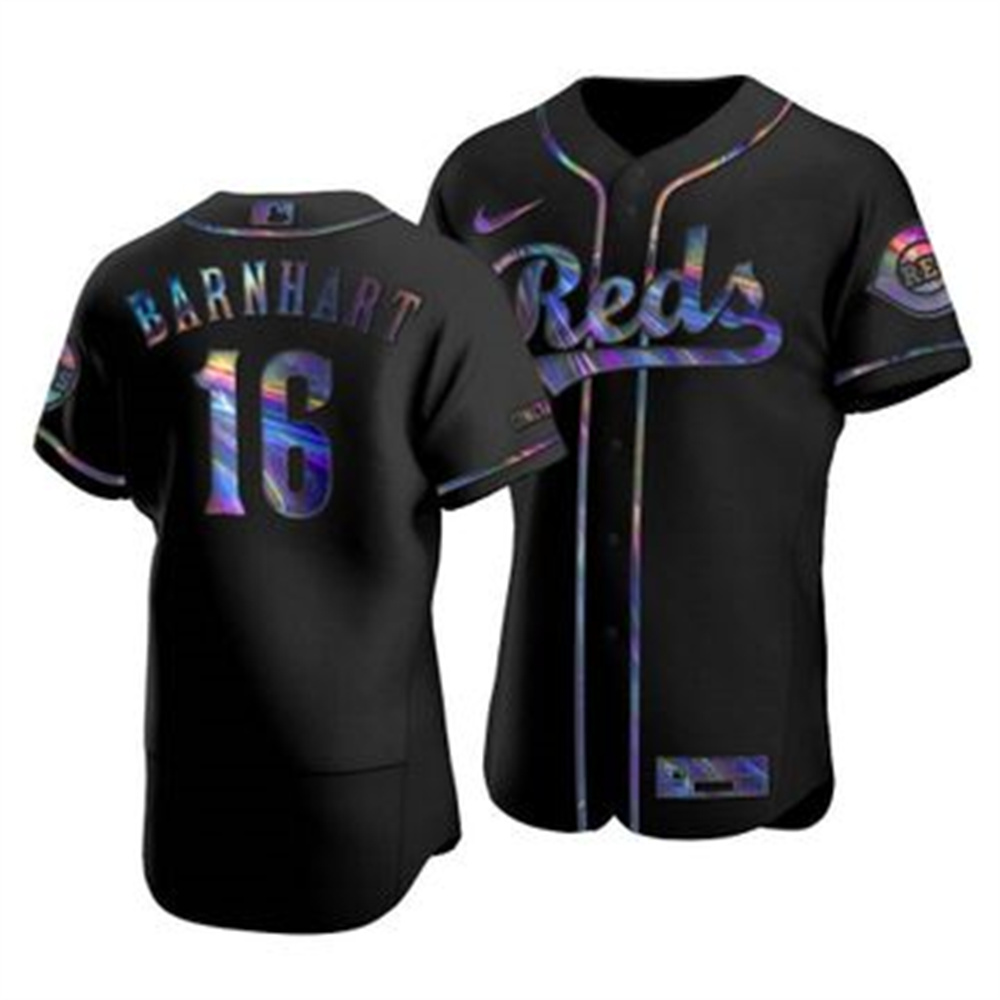 Personalized Cincinnati Reds #16 Tucker Barnhart Men’s Iridescent Holographic Collection MLB Jersey – Black