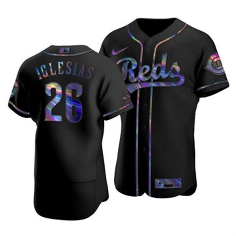 Personalized Cincinnati Reds #26 Raisel Iglesias Men’s Iridescent Holographic Collection MLB Jersey – Black
