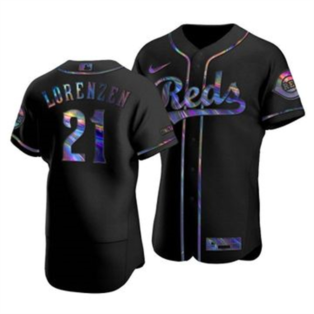 Personalized Cincinnati Reds #21 Michael Lorenzen Men’s Iridescent Holographic Collection MLB Jersey – Black