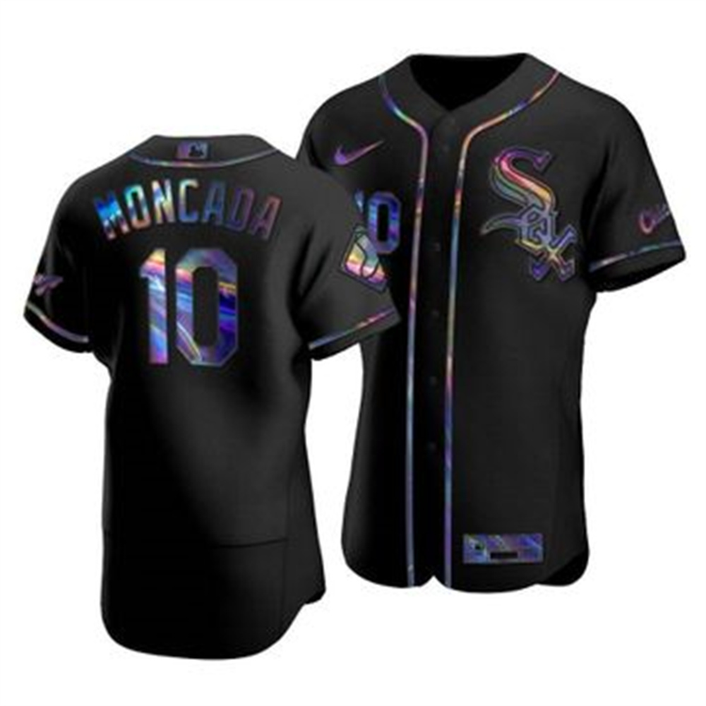 Personalized Chicago White Sox #10 Yoan Moncada Men’s Iridescent Holographic Collection MLB Jersey – Black