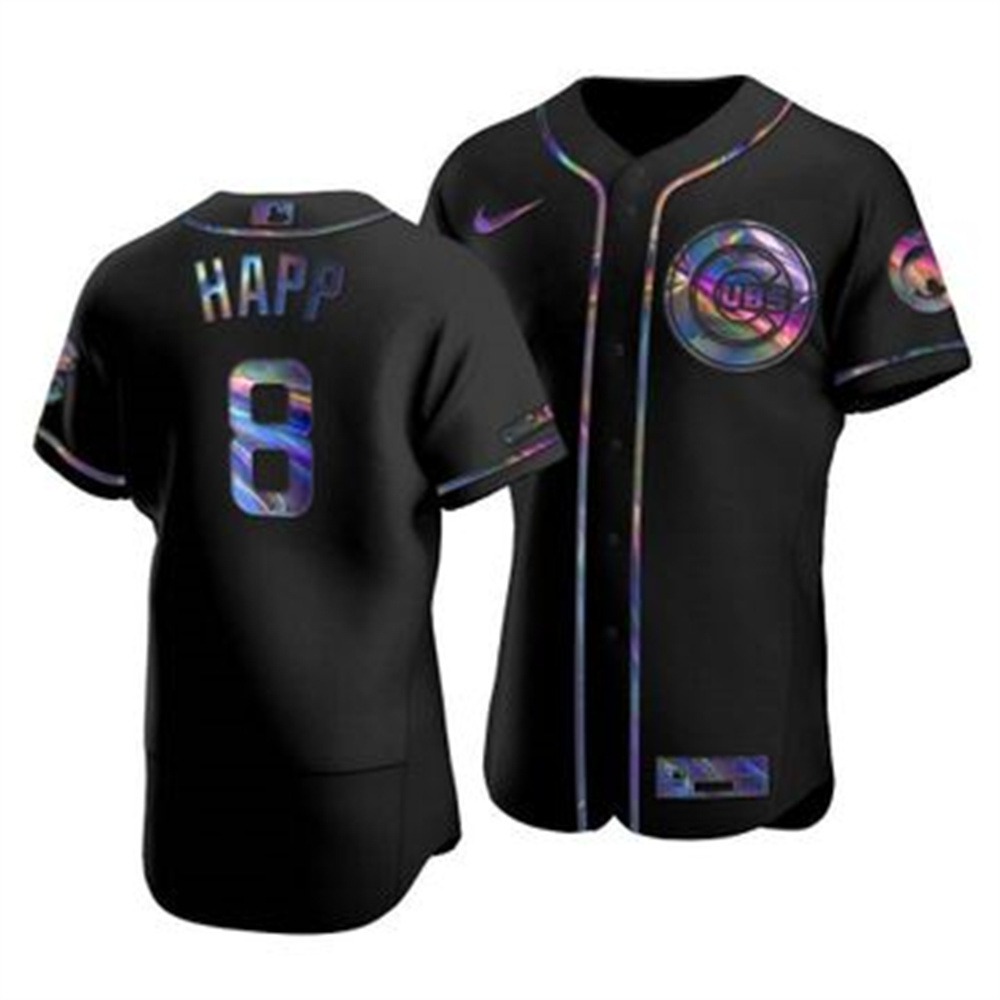 Personalized Chicago Cubs #8 Ian Happ Men’s Iridescent Holographic Collection MLB Jersey – Black