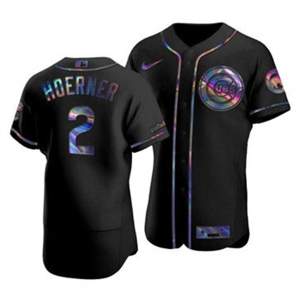 Personalized Chicago Cubs #2 Nico Hoerner Men’s Iridescent Holographic Collection MLB Jersey – Black