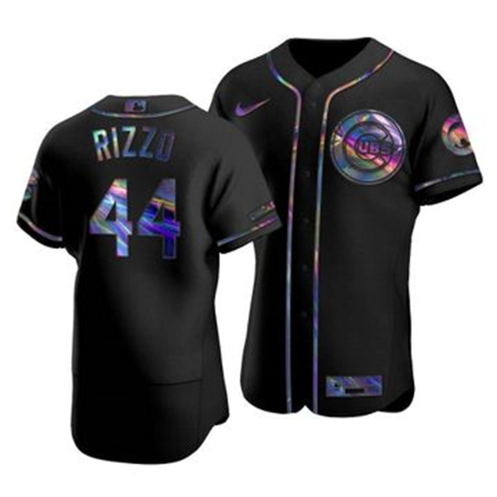 Personalized Chicago Cubs #44 Anthony Rizzo Men’s Iridescent Holographic Collection MLB Jersey – Black