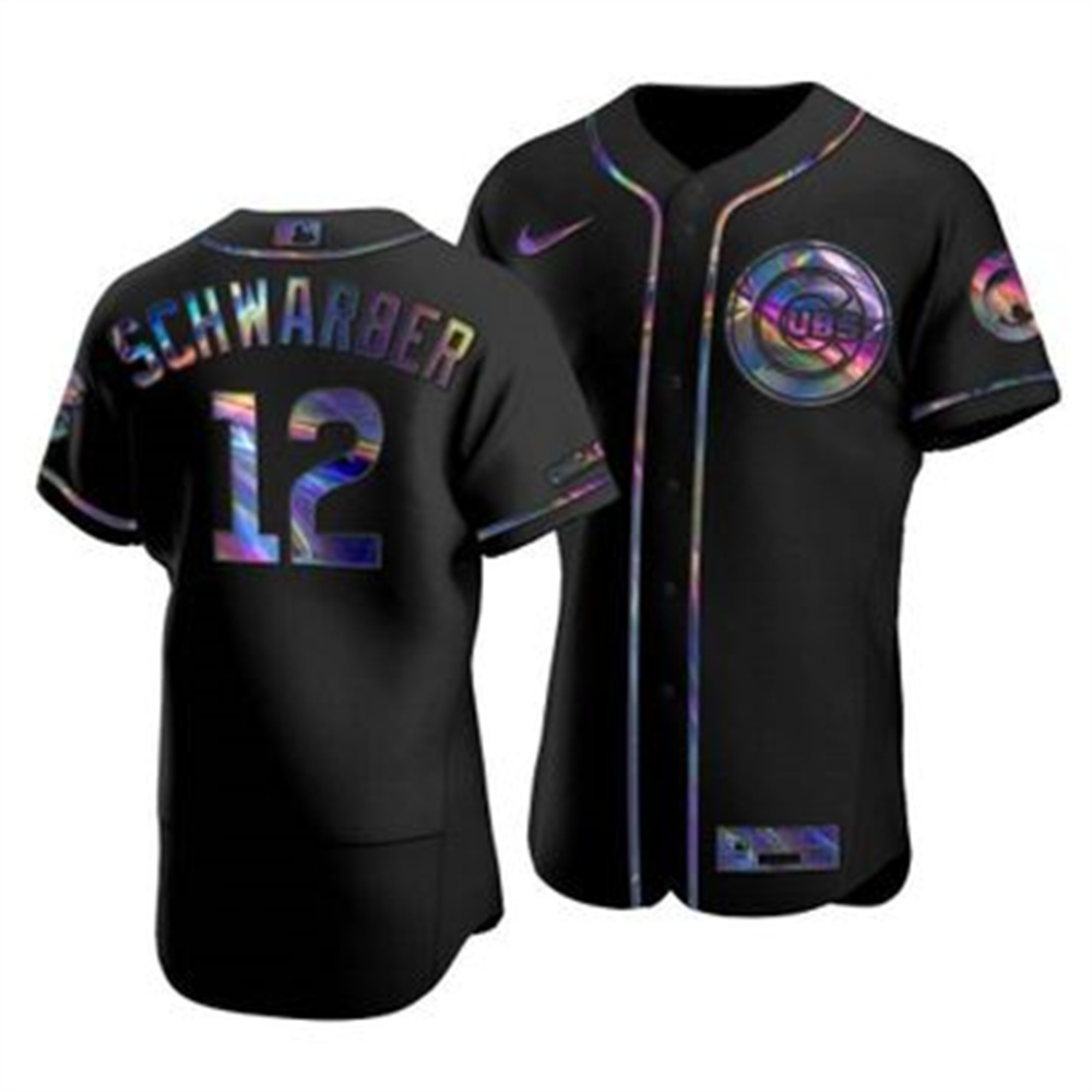 Personalized Chicago Cubs #12 Kyle Schwarber Men’s Iridescent Holographic Collection MLB Jersey – Black