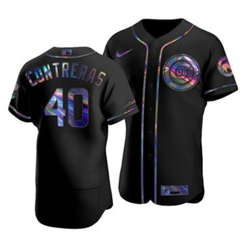 Personalized Chicago Cubs #40 Willson Contreras Men’s Iridescent Holographic Collection MLB Jersey – Black