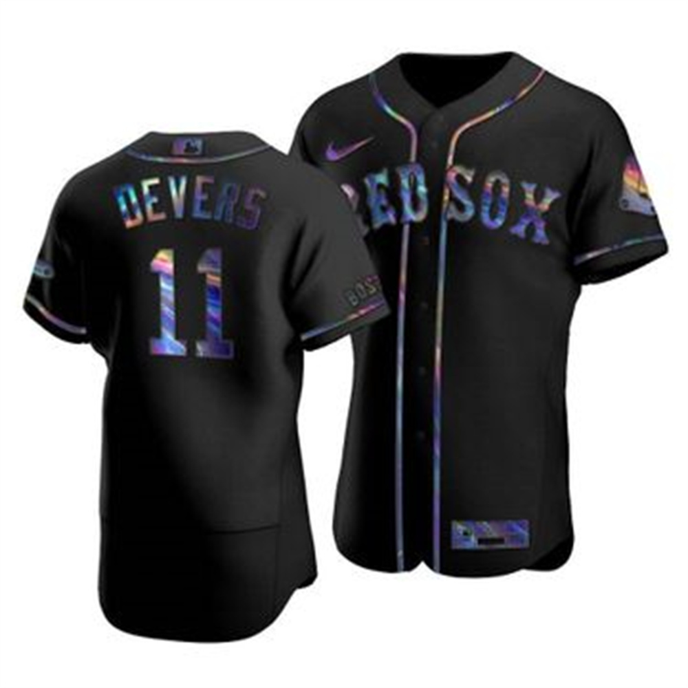 Personalized Boston Red Sox #11 Rafael Devers Men’s Iridescent Holographic Collection MLB Jersey – Black