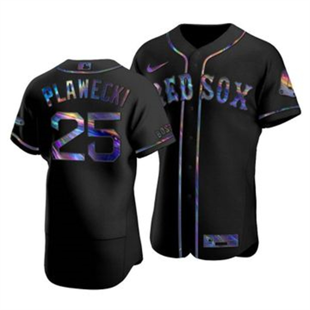 Personalized Boston Red Sox #25 Kevin Plawecki Men’s Iridescent Holographic Collection MLB Jersey – Black