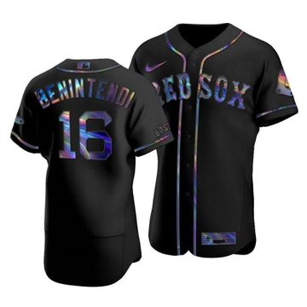 Personalized Boston Red Sox #16 Andrew Benintendi Men’s Iridescent Holographic Collection MLB Jersey – Black