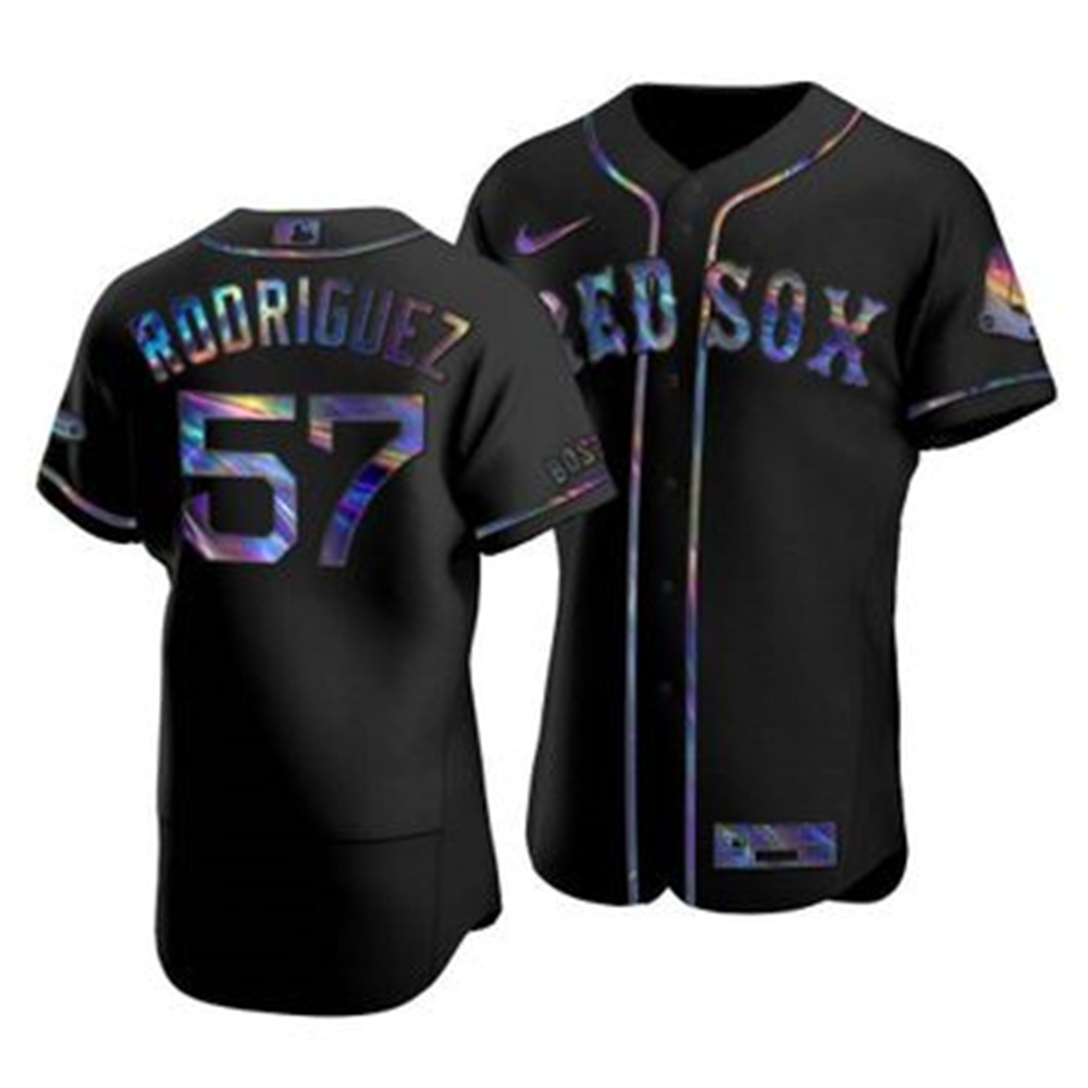 Personalized Boston Red Sox #57 Eduardo Rodriguez Men’s Iridescent Holographic Collection MLB Jersey – Black