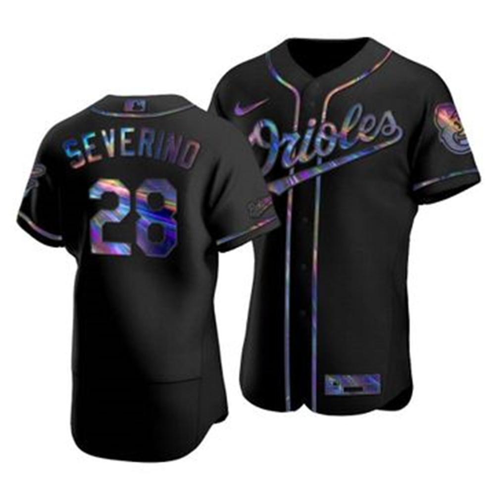 Personalized Baltimore Orioles #28 Pedro Severino Men’s Iridescent Holographic Collection MLB Jersey – Black