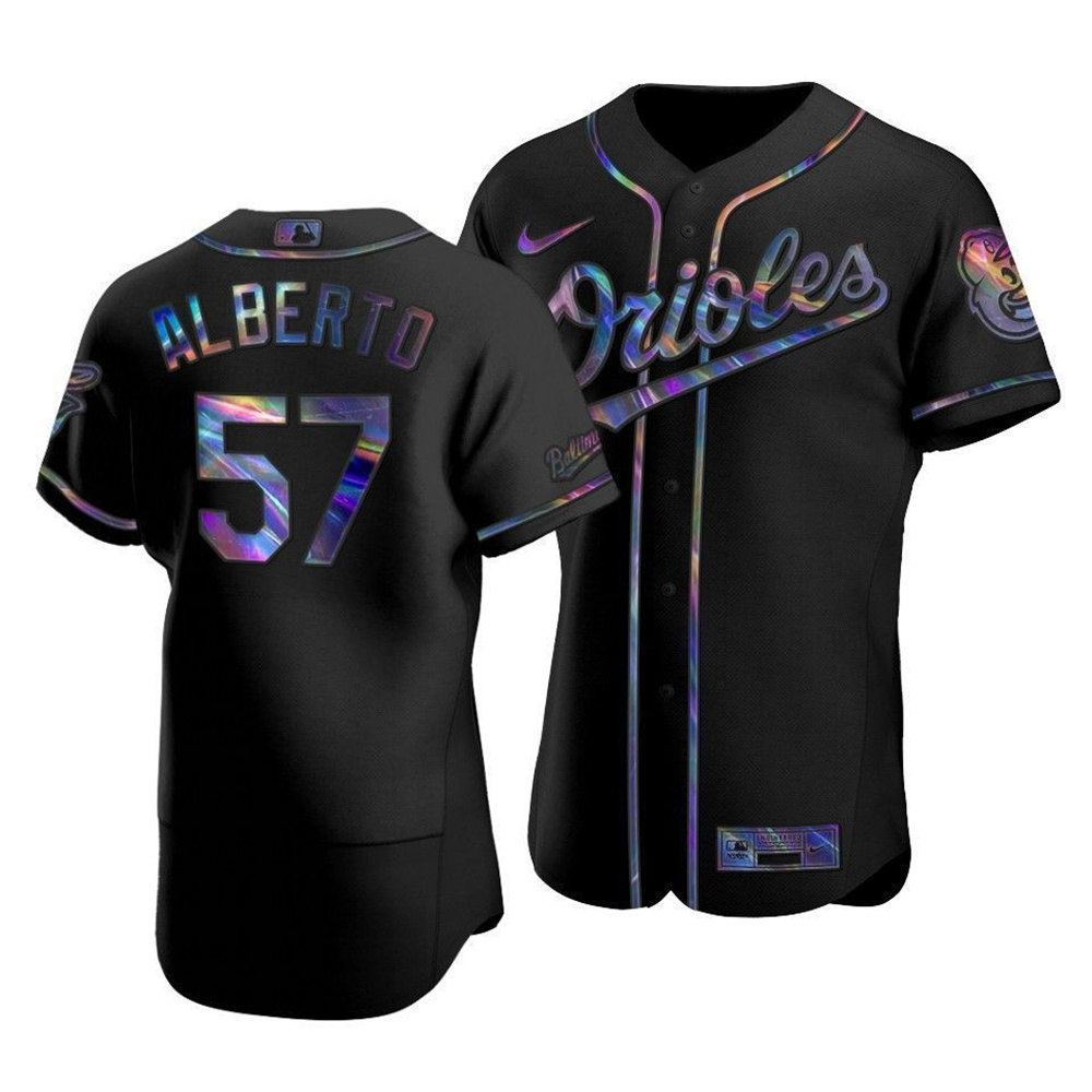 Personalized Baltimore Orioles #57 Hanser Alberto Men’s Iridescent Holographic Collection MLB Jersey – Black