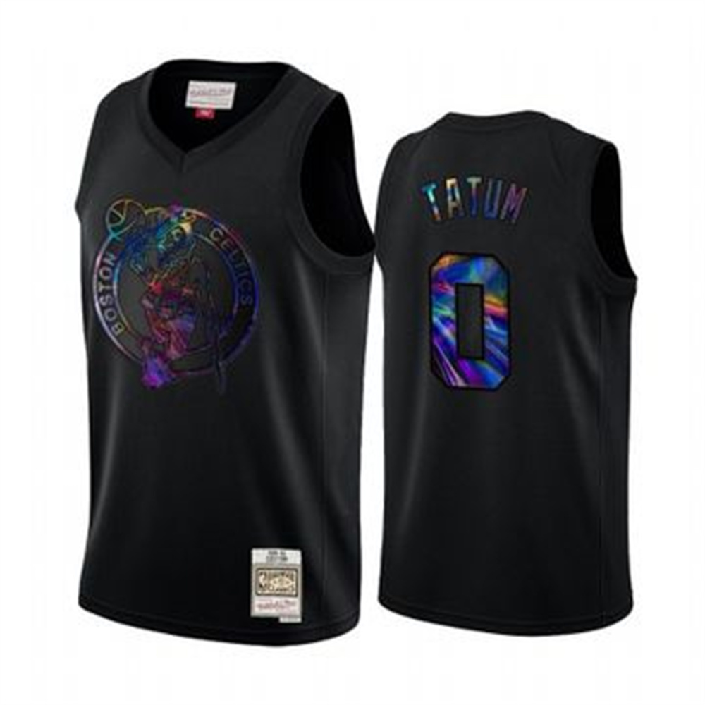 Personalized Mitchell and Ness Celtics #0 Jayson Tatum Men’s Iridescent HWC Limited NBA Jersey – Black