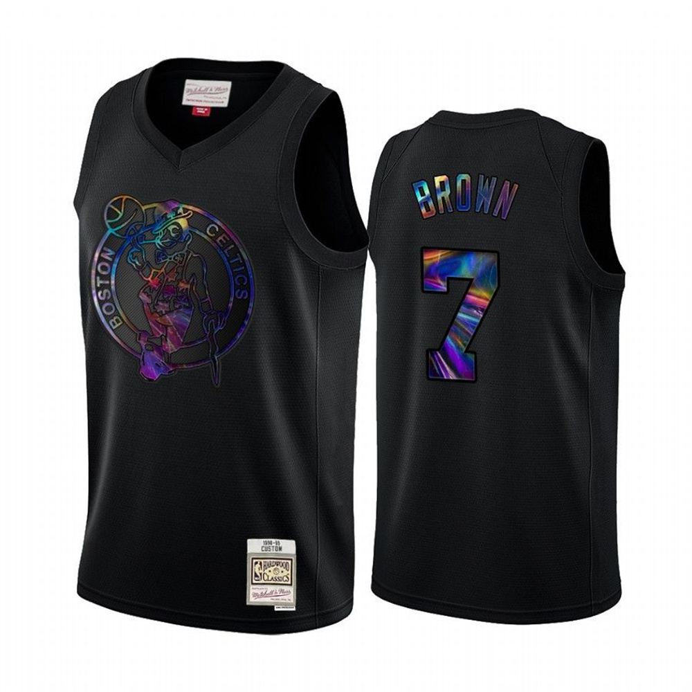 Personalized Mitchell and Ness Celtics #7 Jaylen Brown Men’s Iridescent HWC Limited NBA Jersey – Black