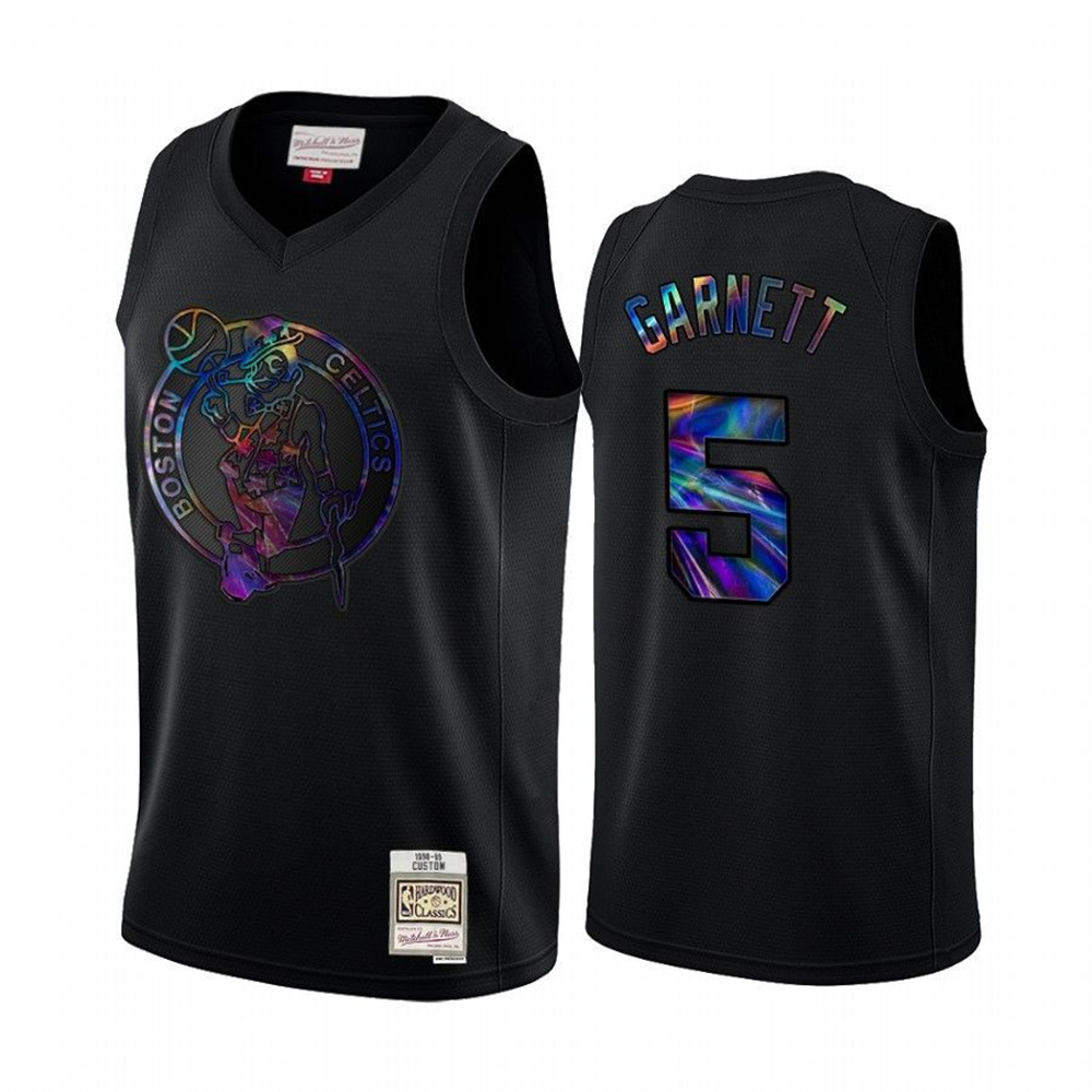 Personalized Mitchell and Ness Celtics #5 Kevin Garnett Men’s Iridescent HWC Limited NBA Jersey – Black