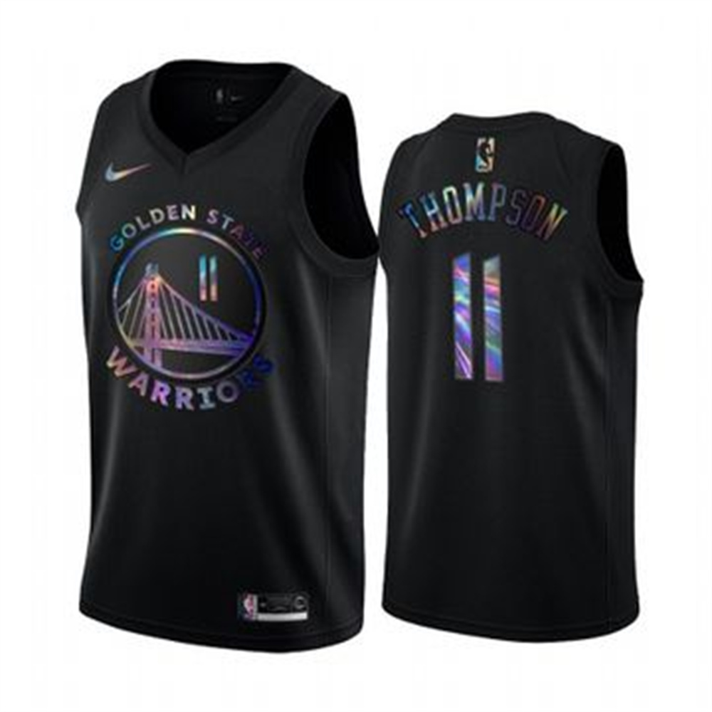 Personalized Warriors #11 Klay Thompson Men’s Iridescent Holographic Collection NBA Jersey – Black